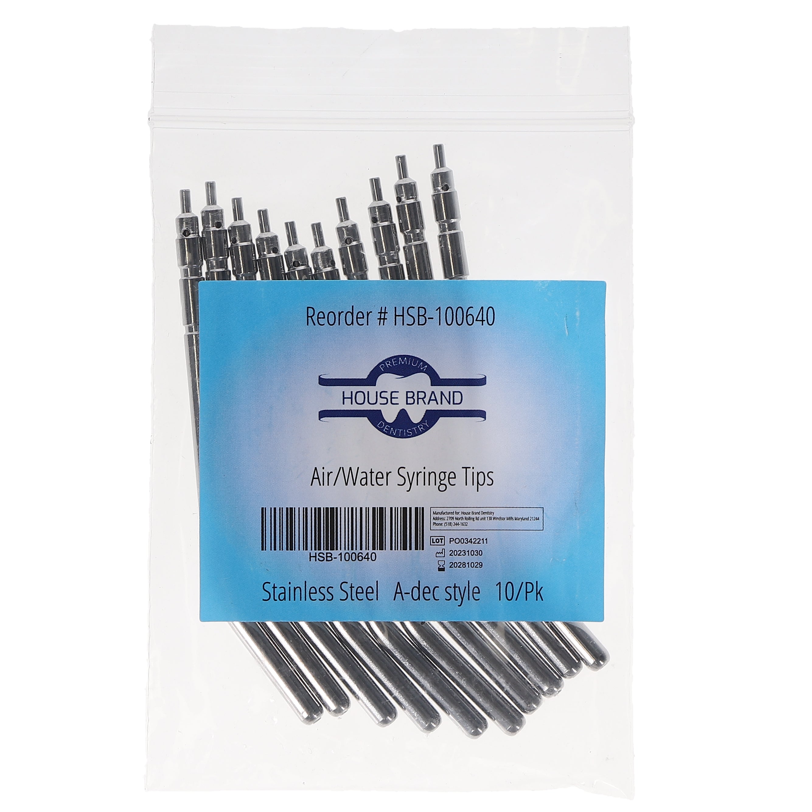 House Brand Dentistry 100640 HSB Air/Water Syringe Tips Stainless Steel A-dec Style 10/Pk House Brand Dentistry 100640 HSB Air/Water Syringe Tips Stainless Steel A-dec Style 10/Pk